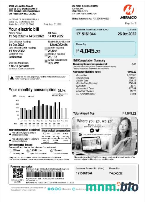 Filipiny Meralco rachunek za media Word i szablon PDF